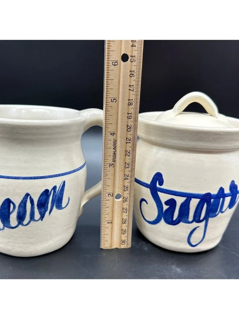 Vintage Pottery Creamer Pitcher Sugar Bowl White Blue Stoneware Set 1990s